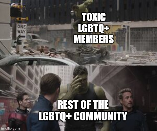 Regretful Hulk | TOXIC LGBTQ+ MEMBERS; REST OF THE LGBTQ+ COMMUNITY | image tagged in regretful hulk,msmg | made w/ Imgflip meme maker