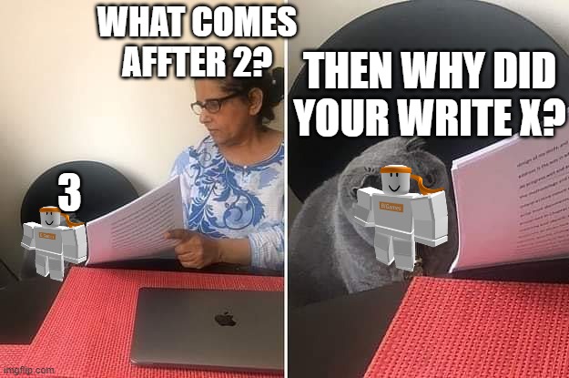 Pet simulator be like | WHAT COMES AFFTER 2? THEN WHY DID YOUR WRITE X? 3 | image tagged in woman showing paper to cat | made w/ Imgflip meme maker