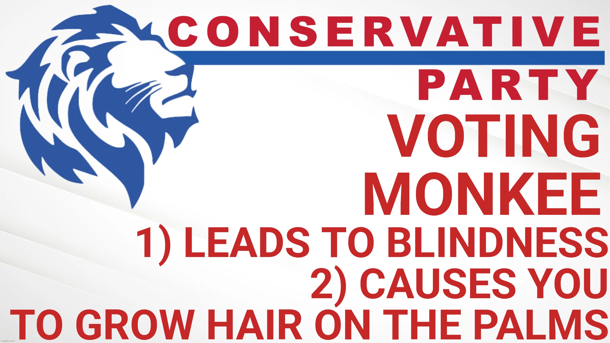 Conservative Party of Imgflip is Blind | VOTING MONKEE 1) LEADS TO BLINDNESS
2) CAUSES YOU TO GROW HAIR ON THE PALMS | image tagged in conservative party of imgflip is blind | made w/ Imgflip meme maker