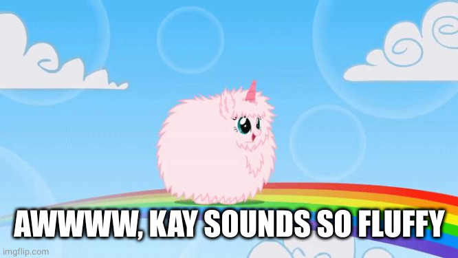 pink fluffy unicorns dancing on rainbows | AWWWW, KAY SOUNDS SO FLUFFY | image tagged in pink fluffy unicorns dancing on rainbows | made w/ Imgflip meme maker