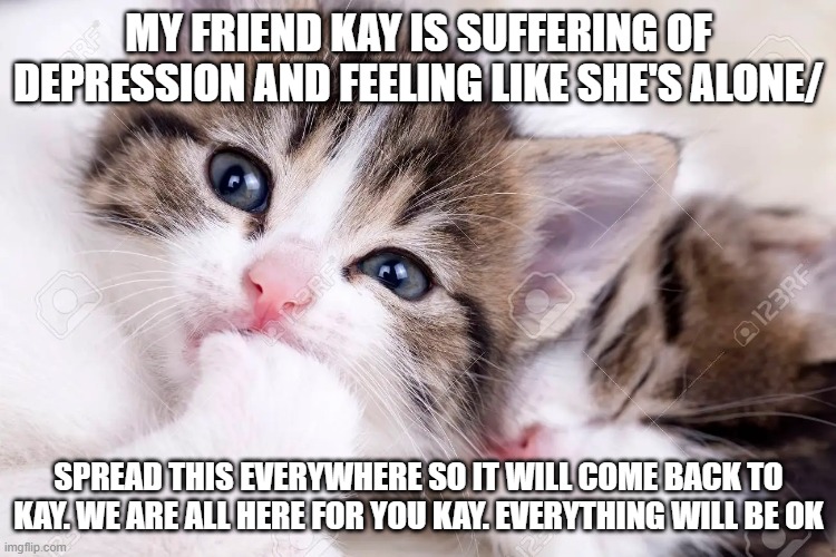 Please help kay | MY FRIEND KAY IS SUFFERING OF DEPRESSION AND FEELING LIKE SHE'S ALONE/; SPREAD THIS EVERYWHERE SO IT WILL COME BACK TO KAY. WE ARE ALL HERE FOR YOU KAY. EVERYTHING WILL BE OK | image tagged in wholesome,love,support | made w/ Imgflip meme maker