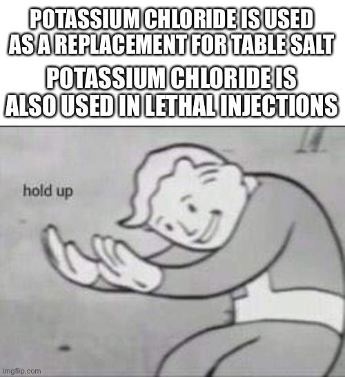 HOL’ UP | POTASSIUM CHLORIDE IS USED AS A REPLACEMENT FOR TABLE SALT; POTASSIUM CHLORIDE IS ALSO USED IN LETHAL INJECTIONS | image tagged in fallout hold up | made w/ Imgflip meme maker