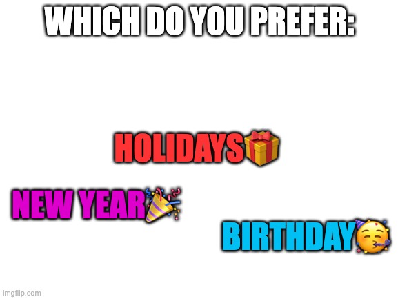 Pick one ( idk if new year counts as holidays ) | WHICH DO YOU PREFER:; HOLIDAYS🎁; NEW YEAR🎉; BIRTHDAY🥳 | image tagged in blank white template | made w/ Imgflip meme maker