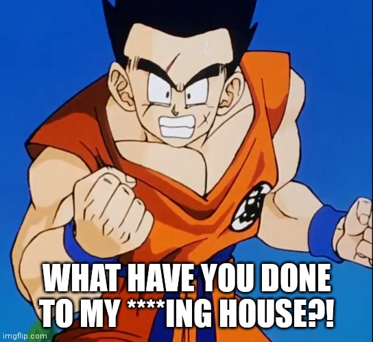 Angry Yamcha (DBZ) | WHAT HAVE YOU DONE TO MY ****ING HOUSE?! | image tagged in angry yamcha dbz | made w/ Imgflip meme maker