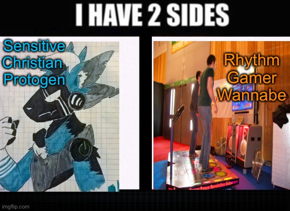 2 sides | Sensitive
Christian 
Protogen; Rhythm
Gamer
Wannabe | image tagged in i have two sides | made w/ Imgflip meme maker