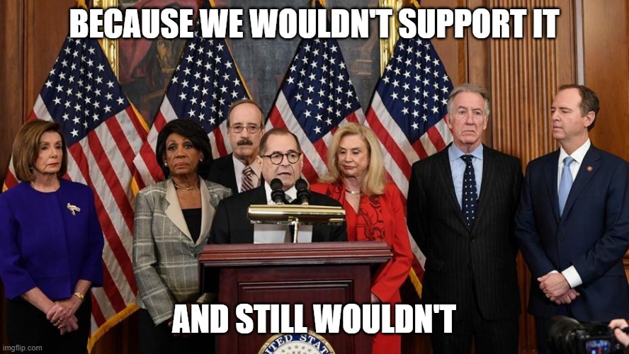 House Democrats | BECAUSE WE WOULDN'T SUPPORT IT AND STILL WOULDN'T | image tagged in house democrats | made w/ Imgflip meme maker
