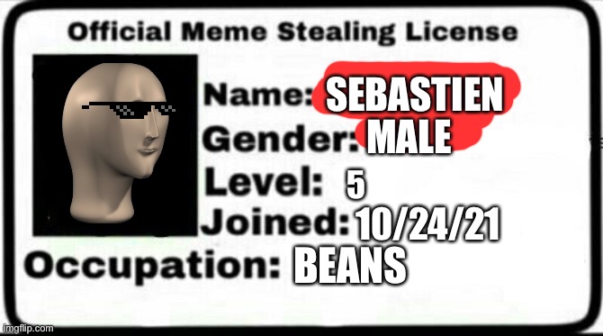 Meme Stealing License | SEBASTIEN; MALE; 5; 10/24/21; BEANS | image tagged in meme stealing license | made w/ Imgflip meme maker