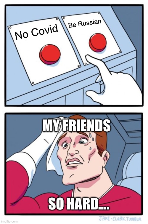 My friend’s decisions in life | Be Russian; No Covid; MY FRIENDS; SO HARD…. | image tagged in memes,two buttons | made w/ Imgflip meme maker