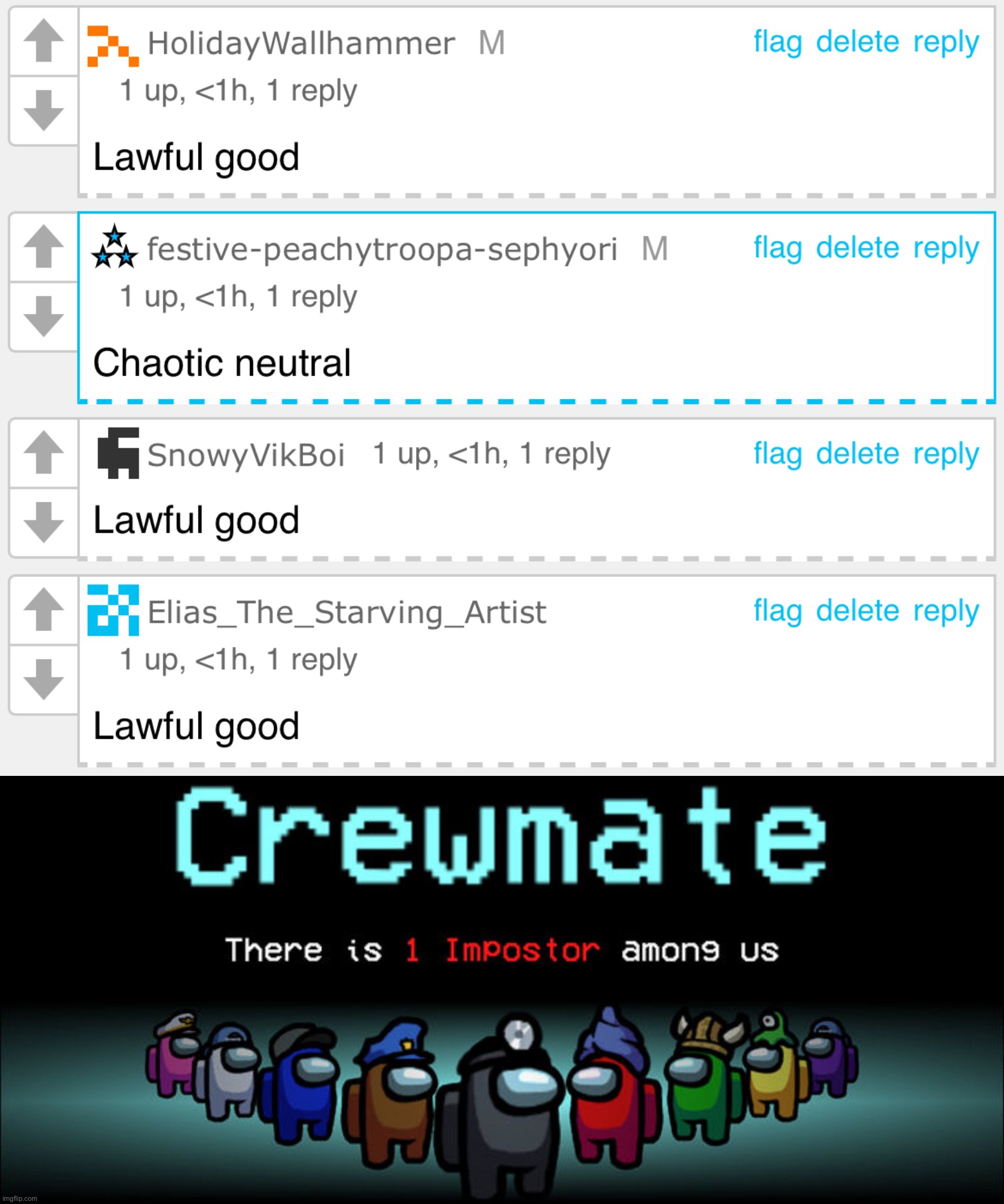 image tagged in crewmate there is 1 impostor among us | made w/ Imgflip meme maker