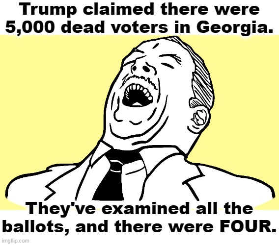 Trump knows he lost. Now, he's just in it for the money. | Trump claimed there were 5,000 dead voters in Georgia. They've examined all the ballots, and there were FOUR. | image tagged in trump,greedy,liar,phony,georgia,vote | made w/ Imgflip meme maker