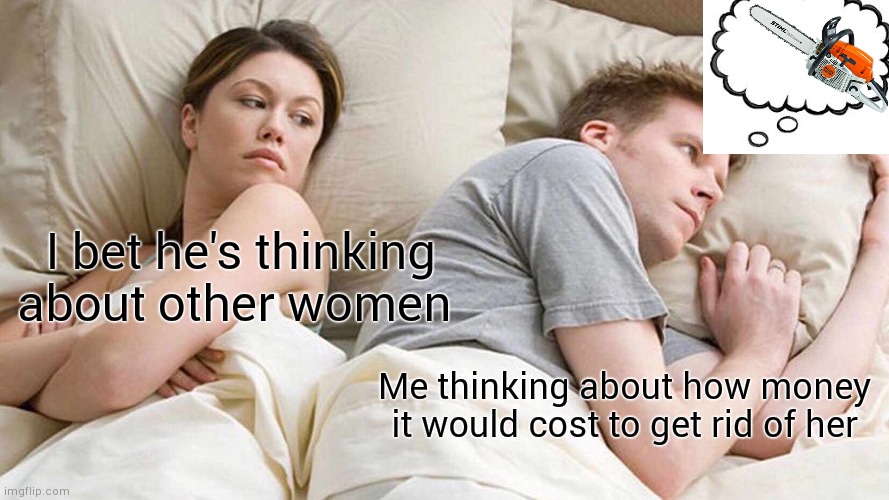 I Bet He's Thinking About Other Women | I bet he's thinking about other women; Me thinking about how money it would cost to get rid of her | image tagged in memes,i bet he's thinking about other women | made w/ Imgflip meme maker