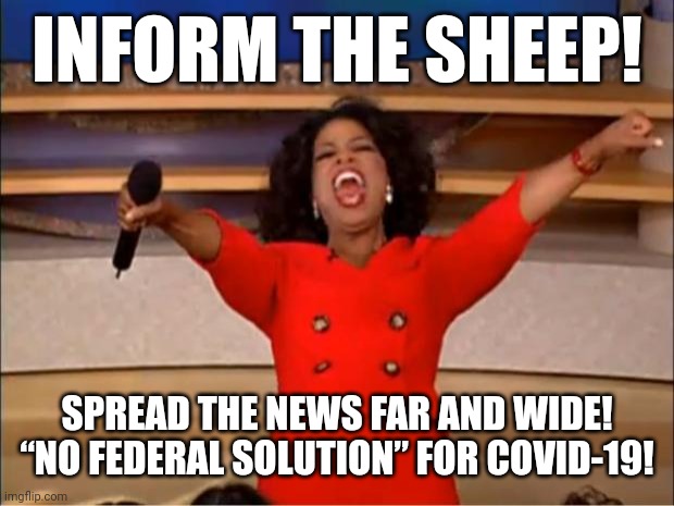 OPRAH SCREAMS NO FED SOLUTION! | INFORM THE SHEEP! SPREAD THE NEWS FAR AND WIDE! “NO FEDERAL SOLUTION” FOR COVID-19! | image tagged in memes,oprah you get a,covid-19,political meme,solution,oh no | made w/ Imgflip meme maker