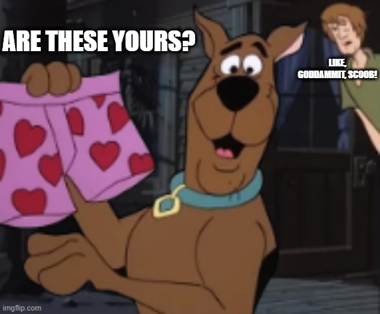 Scooby has your  Panties | LIKE, GODDAMMIT, SCOOB! ARE THESE YOURS? | image tagged in scooby doo has your pants | made w/ Imgflip meme maker