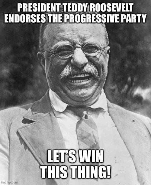 We’re the continuation of Roosevelt’s Progressives | PRESIDENT TEDDY ROOSEVELT ENDORSES THE PROGRESSIVE PARTY; LET’S WIN THIS THING! | image tagged in teddy roosevelt | made w/ Imgflip meme maker