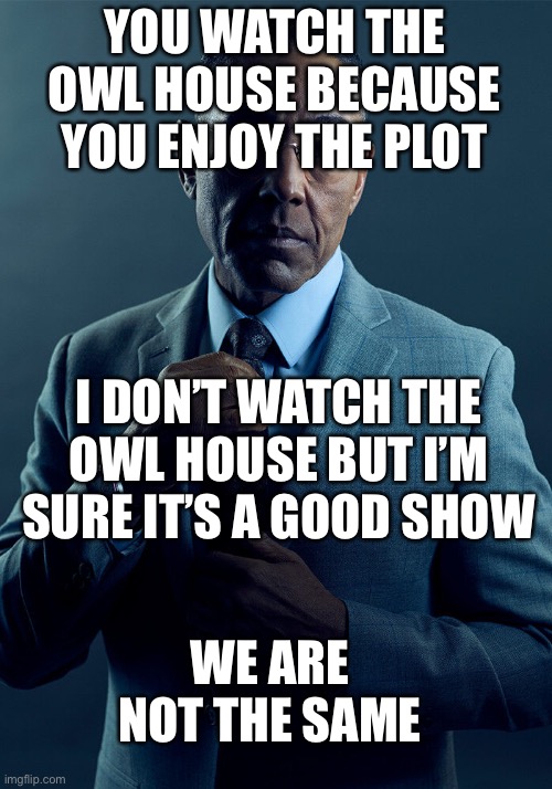 Gus Fring we are not the same | YOU WATCH THE OWL HOUSE BECAUSE YOU ENJOY THE PLOT; I DON’T WATCH THE OWL HOUSE BUT I’M SURE IT’S A GOOD SHOW; WE ARE NOT THE SAME | image tagged in gus fring we are not the same | made w/ Imgflip meme maker