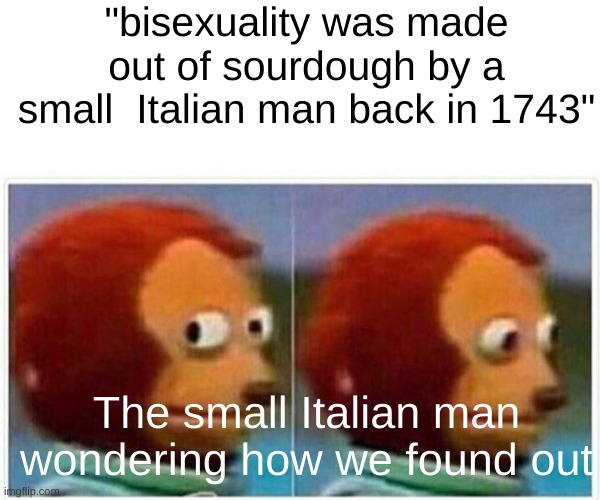 Monkey Puppet | "bisexuality was made out of sourdough by a small  Italian man back in 1743"; The small Italian man wondering how we found out | image tagged in memes,monkey puppet | made w/ Imgflip meme maker