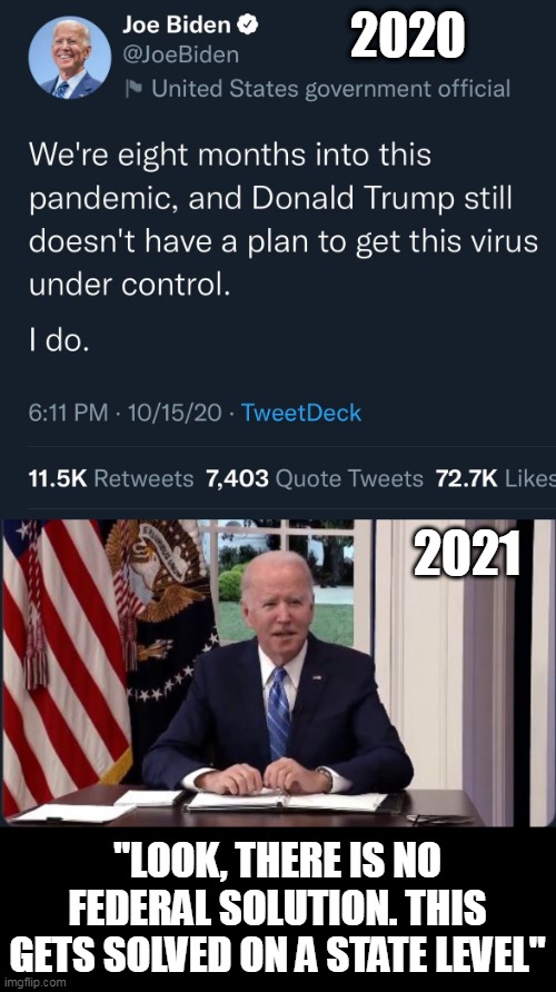 Here's To Another 50 Years Of Biden Failures. |  2020; 2021; "LOOK, THERE IS NO FEDERAL SOLUTION. THIS GETS SOLVED ON A STATE LEVEL" | image tagged in memes,joe biden,biden,covid,pandemic,vaccines | made w/ Imgflip meme maker