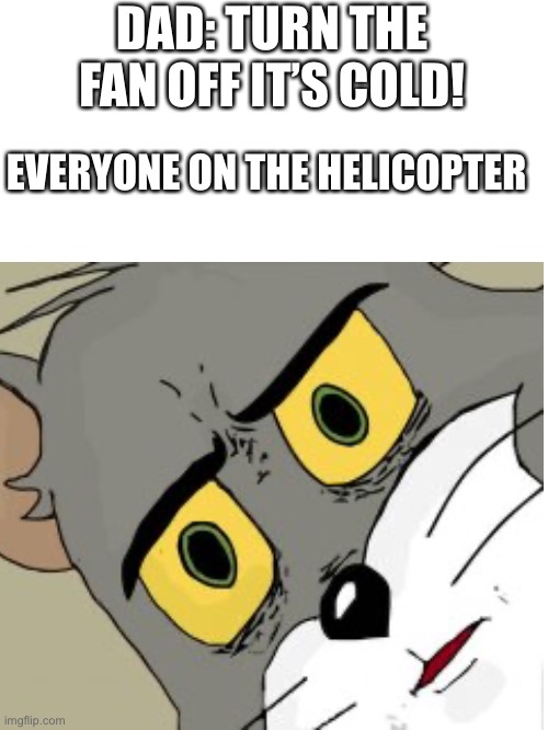 Hold up |  DAD: TURN THE FAN OFF IT’S COLD! EVERYONE ON THE HELICOPTER | image tagged in hold up,wait what,meme,pie charts,not really | made w/ Imgflip meme maker