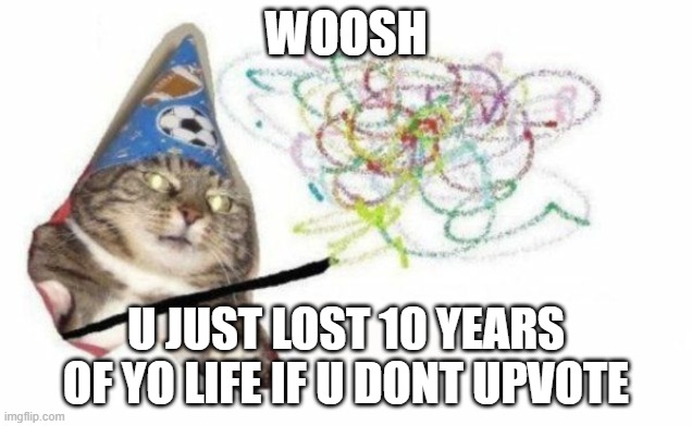 Woosh cat |  WOOSH; U JUST LOST 10 YEARS OF YO LIFE IF U DONT UPVOTE | image tagged in woosh cat,cats,upvote begging,me gonna dieeeeeeee,lol | made w/ Imgflip meme maker