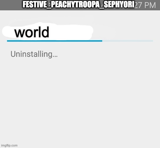 Imgflip account uninstalling | world FESTIVE_PEACHYTROOPA_SEPHYORI | image tagged in imgflip account uninstalling | made w/ Imgflip meme maker