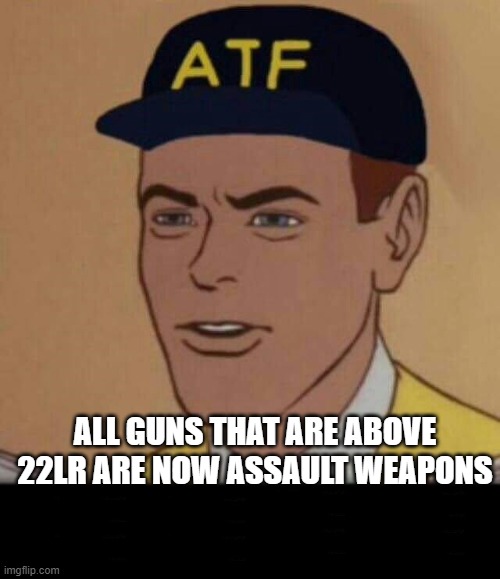 Atf Makes A New Classification | ALL GUNS THAT ARE ABOVE 22LR ARE NOW ASSAULT WEAPONS | image tagged in atf meme blank | made w/ Imgflip meme maker