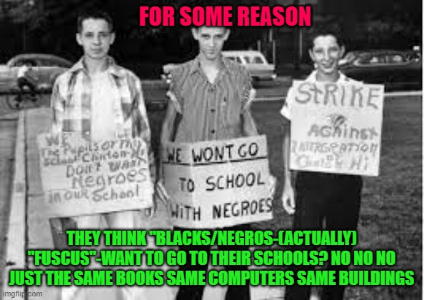 FOR SOME REASON; THEY THINK "BLACKS/NEGROS-(ACTUALLY) "FUSCUS"-WANT TO GO TO THEIR SCHOOLS? NO NO NO JUST THE SAME BOOKS SAME COMPUTERS SAME BUILDINGS | made w/ Imgflip meme maker