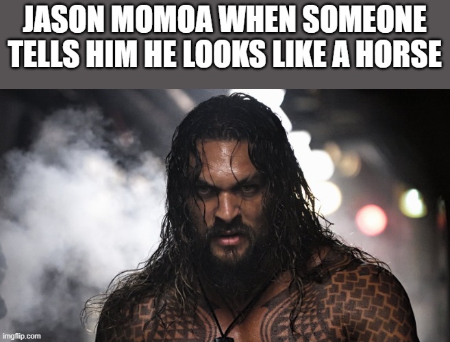Jason Momoa Looks Like A Horse | JASON MOMOA WHEN SOMEONE TELLS HIM HE LOOKS LIKE A HORSE | image tagged in jason momoa,horse,jason momoa meme,shirtless,funny,memes | made w/ Imgflip meme maker