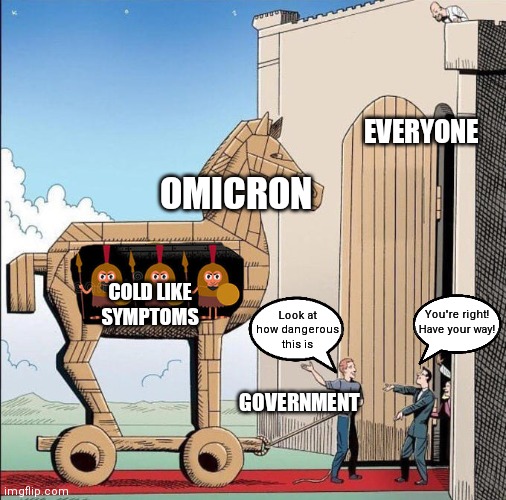 Sales team Killin' it with the Omicron. Pushing policy quick | EVERYONE; OMICRON; COLD LIKE SYMPTOMS; Look at how dangerous this is; You're right!
Have your way! GOVERNMENT | image tagged in trojan horse,democrats,biden,fauci,omicrin,covid-19 | made w/ Imgflip meme maker