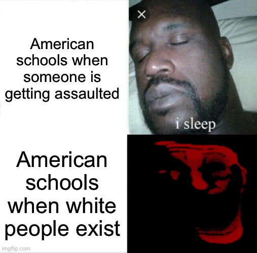 Sleeping Shaq | American schools when someone is getting assaulted; American schools when white people exist | image tagged in memes,sleeping shaq | made w/ Imgflip meme maker