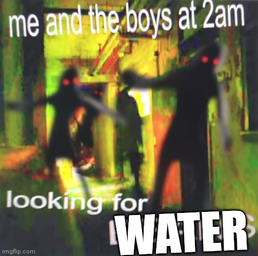 Me and the boys at 2am looking for BEANS | WATER | image tagged in me and the boys at 2am looking for beans | made w/ Imgflip meme maker