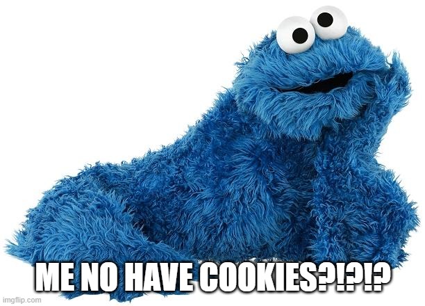 Cookie Monster | ME NO HAVE COOKIES?!?!? | image tagged in cookie monster | made w/ Imgflip meme maker