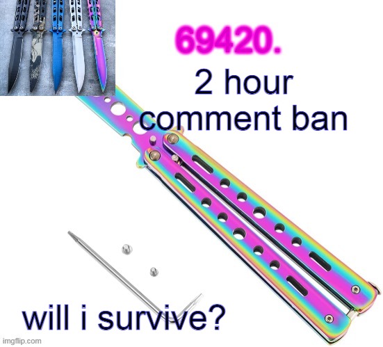 i used the full lyrics of stfu by pink guy lmao(Kris note-amateur I got a 15 hour ban) | 2 hour comment ban; will i survive? | image tagged in 69420's butterfly knife temp thx ritz | made w/ Imgflip meme maker