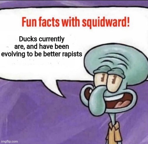 Humans have evolved intelligence, giraffes have evolved long necks, ducks have evolved to be the best little sex offenders | Ducks currently are, and have been evolving to be better rapists | image tagged in fun facts with squidward | made w/ Imgflip meme maker