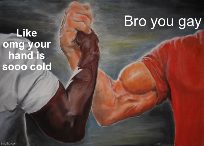Epic Handshake Meme | Bro you gay; Like omg your hand is sooo cold | image tagged in memes,epic handshake | made w/ Imgflip meme maker