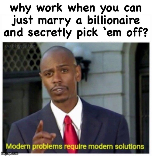 jk nobody do this seriously | why work when you can just marry a billionaire and secretly pick ‘em off? | image tagged in modern problems | made w/ Imgflip meme maker