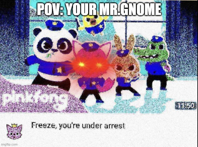 Freeze you're under arrest (deep-fried) | POV: YOUR MR.GNOME | image tagged in freeze you're under arrest deep-fried | made w/ Imgflip meme maker