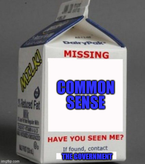 POLITICS | COMMON SENSE; THE GOVERNMENT | image tagged in milk carton | made w/ Imgflip meme maker