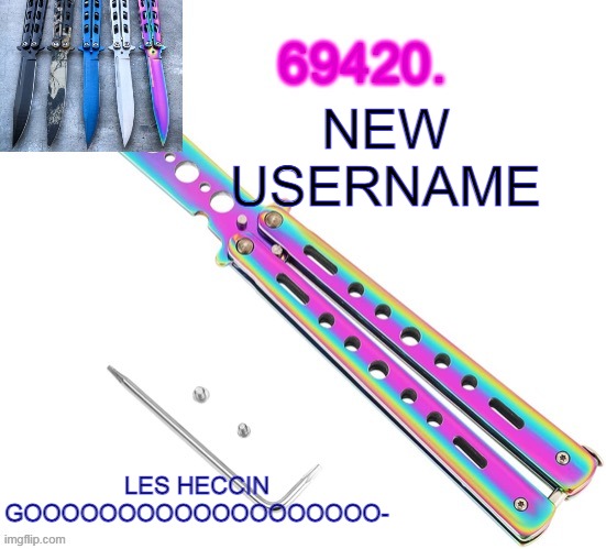 new username means new life | NEW USERNAME; LES HECCIN GOOOOOOOOOOOOOOOOOOO- | image tagged in 69420's butterfly knife temp thx ritz | made w/ Imgflip meme maker