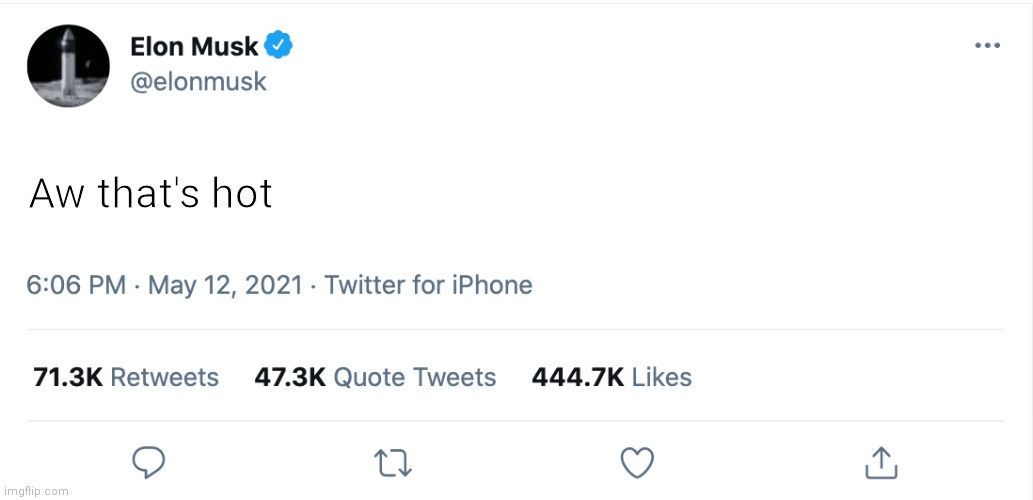 Elon Musk Blank Tweet | Aw that's hot | image tagged in elon musk blank tweet | made w/ Imgflip meme maker