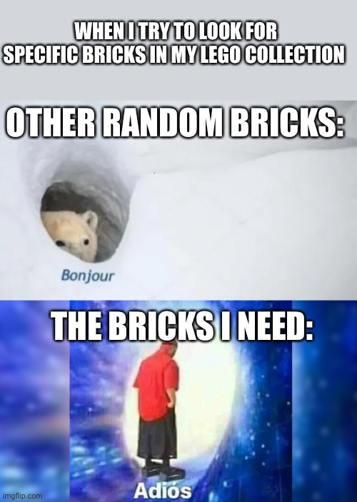 Every time | WHEN I TRY TO LOOK FOR SPECIFIC BRICKS IN MY LEGO COLLECTION; OTHER RANDOM BRICKS:; THE BRICKS I NEED: | image tagged in bonjur adios | made w/ Imgflip meme maker