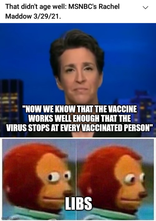 "NOW WE KNOW THAT THE VACCINE WORKS WELL ENOUGH THAT THE VIRUS STOPS AT EVERY VACCINATED PERSON"; LIBS | image tagged in memes,monkey puppet | made w/ Imgflip meme maker