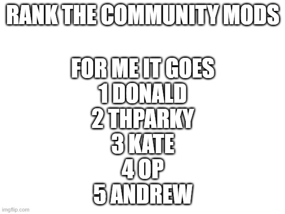 Thparky is just slightly off because is his probably the most AFK of the bunch but also great | RANK THE COMMUNITY MODS; FOR ME IT GOES
1 DONALD
2 THPARKY
3 KATE
4 OP
5 ANDREW | image tagged in blank white template | made w/ Imgflip meme maker