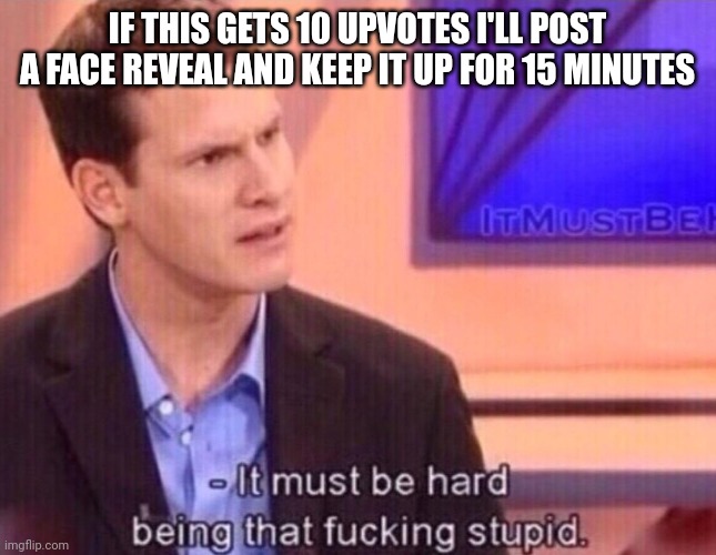 It must be hard being that f-ing stupid | IF THIS GETS 10 UPVOTES I'LL POST A FACE REVEAL AND KEEP IT UP FOR 15 MINUTES | image tagged in it must be hard being that f-ing stupid | made w/ Imgflip meme maker