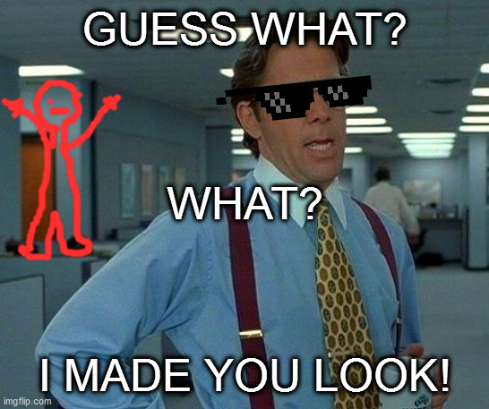 Guess what?... | GUESS WHAT? WHAT? I MADE YOU LOOK! | image tagged in memes | made w/ Imgflip meme maker