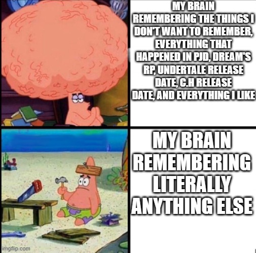 . | MY BRAIN REMEMBERING THE THINGS I DON'T WANT TO REMEMBER, EVERYTHING THAT HAPPENED IN PJD, DREAM'S RP, UNDERTALE RELEASE DATE, C.H RELEASE DATE, AND EVERYTHING I LIKE; MY BRAIN REMEMBERING LITERALLY ANYTHING ELSE | image tagged in patrick big brain | made w/ Imgflip meme maker