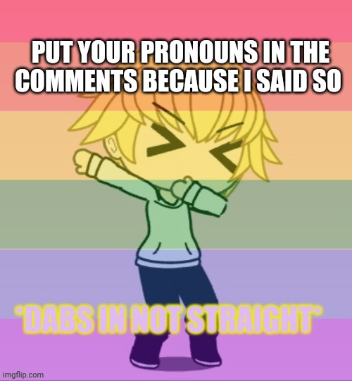 Dabs in not straight | PUT YOUR PRONOUNS IN THE COMMENTS BECAUSE I SAID SO | image tagged in dabs in not straight | made w/ Imgflip meme maker