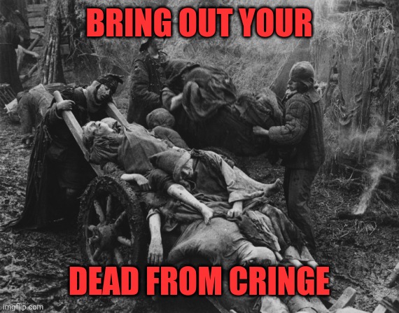 I kill them a lot I thinks | BRING OUT YOUR; DEAD FROM CRINGE | image tagged in monty python bring out your dead,dies from cringe,i see dead people,they didn't have a chance,cringe worthy | made w/ Imgflip meme maker