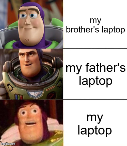 so much issues | my brother's laptop; my father's laptop; my laptop | image tagged in better best blurst lightyear edition,memes,funny,laptop | made w/ Imgflip meme maker