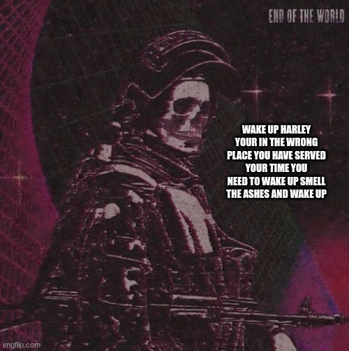 wake up harley your living in a simulation this world is fake and this is all digital your living a lie | WAKE UP HARLEY YOUR IN THE WRONG PLACE YOU HAVE SERVED YOUR TIME YOU NEED TO WAKE UP SMELL THE ASHES AND WAKE UP | image tagged in playbois announcement temp | made w/ Imgflip meme maker