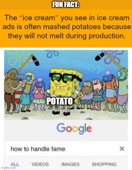  FUN FACT:; POTATO | image tagged in how to handle fame,potato,memes,funny,oh wow are you actually reading these tags,stop reading the tags | made w/ Imgflip meme maker
